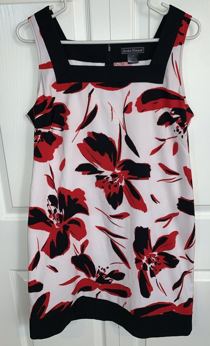 Jessica Howard Dress Women's 12 Black Red Floral Sheath Marine Nautical